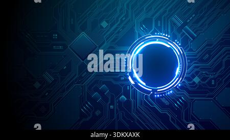 Glowing HUD portal with neon circuits and wires spreading outward Stock Vector