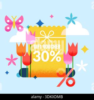 Vector spring sale banner with colorful tulip flowers, butterfly, and clouds. Seasonal discount poster, promo holiday flyer or coupon design template Stock Vector