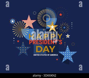 Happy Presidents Day, elegant card for event with abstract golden fireworks, stars in the colors of the American flag. Banner, poster, flyer for independence day, veterans, labor, memorial days.Vector Stock Vector