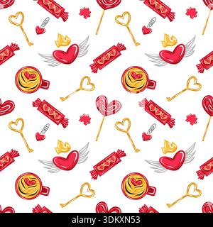 Seamless Valentine pattern with winged hearts, golden keys, candies and coffee cup. Vector. Stock Vector