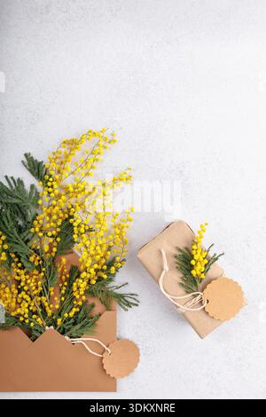 Holiday discount mockup with floral envelope and present Stock Photo