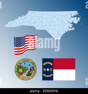 U.S. states - map of North Carolina against an American flag. Rivers ...