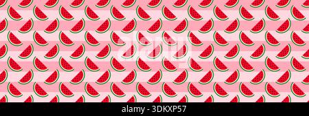 horizontal seamless half sliced red watermelon pattern on pink background. Stock Vector