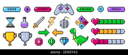 Pixel art 8bit arcade ui buttons, arrows, gaming controller, life bar with hearts. Video game item symbols, interface menu icons vector set. Pixelated winner trophy cups, gemstones, elixir in flask Stock Vector