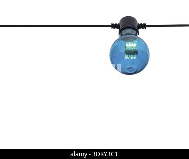 Blue color lightbulb on string isolated on white Stock Photo