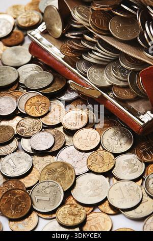 A lot of the Russian small coins in the pursefull. Money does not fit in a wallet Stock Photo