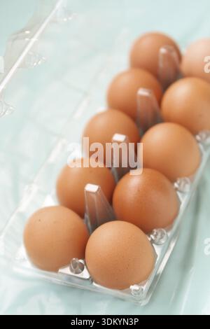 Ten brown chicken eggs in the transparent plastic package. Shallow depth of field Stock Photo