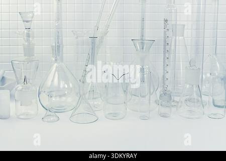 Chemical glassware in a laboratory Stock Photo