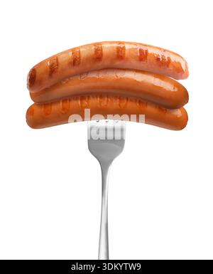 Grilled sausages on fork against white background Stock Photo