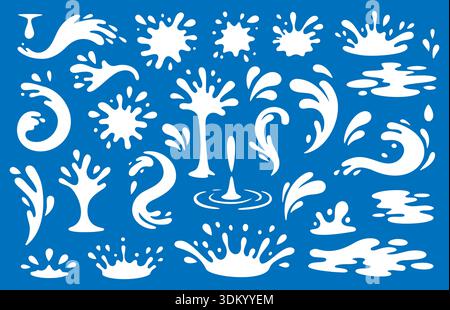 White water splash silhouettes on blue background. Vector liquid drops, puddles and splashes for design, decoration and backgrounds Stock Vector