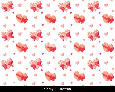 Seamless Valentine cartoon hearts pattern with bows and polka dots. Hand drawn vector love background  Stock Vector