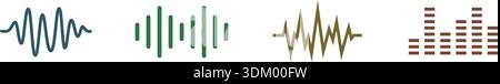 Colored minimal sound wave icons. EQ bars and frequency lines for apps and music interfaces. Stock Vector
