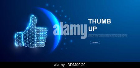 Glowing digital thumbs up symbol with futuristic elements on dark blue background Stock Vector