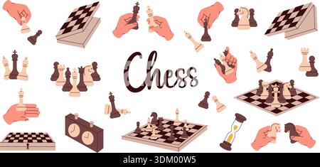 Minimalist vector chess illustrations with pieces, boards, clocks and hands in modern style Stock Vector