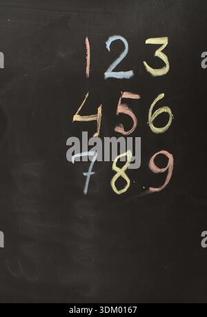 Numbers 1-9 in colored chalk on blackboard Stock Photo