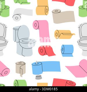 Seamless pattern with colorful toilet paper rolls and toilet bowls on white background bathroom decor vector Stock Vector