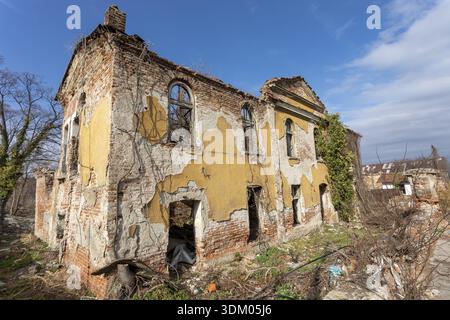 Brick abandoned old house with broken windows in Sofia Bulgaria Stock Photo