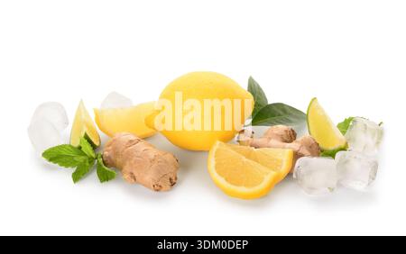Ingredients for preparing lemonade on white background Stock Photo