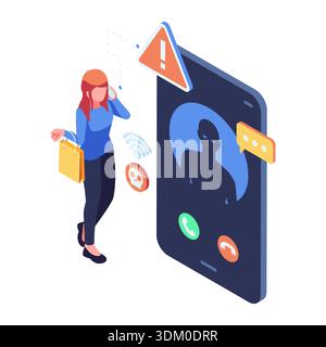 Isometric Woman Receiving Scam Phone Call with Danger Alert on Smartphone. Scam Phone Call Concept Stock Vector