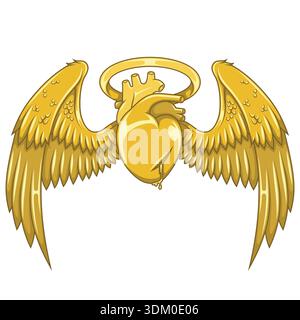 Elegant representation of a heart with wings and halo in metallic gold tones. A premium design with polished gold finishes and sophisticated reflectio Stock Vector