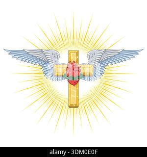 Majestic Christian cross with extended wings and the Sacred Heart of Jesus in the center. Detailed full-color illustration with divine lights and real Stock Vector