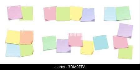 Sticky Notes Memo Paper Mockup Set. Colorful Pastel Square Sheets Taped on White Board Background for Reminder, Message, To Do List and Office Planning Design. Vector Illustration Stock Vector