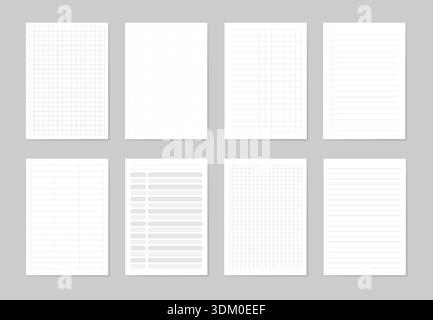 Notebook Page Templates Set with Grid Dotted, Lined Layouts for Planning Notes, Checklist, Schedule. Clean Minimal Paper Sheets, Print or Digital Use. Stationery Pages Collection. Vector Illustration Stock Vector
