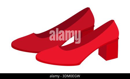 Red block heel pump shoe women flat pair. Closed toe dress shoe for night out, festive occasion style. Technical fashion illustration, CAD mockup, rich vector men unisex isolated contemporary style. Stock Vector