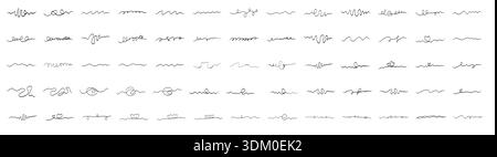 Huge set of hand drawn squiggle cable lines varied styles. Continuous black wavy strokes form loose tangles, tight springs, flowing curves playful loops unlimited dividers, underlines borders abstract Stock Vector