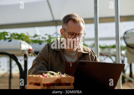 Caucasian Young Adult Man Using Laptop While Working in Modern Greenhouse Stock Photo