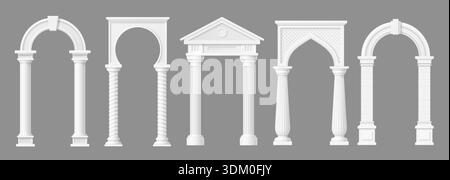 Realistic marble stone arch with columns, door archway with pillars. Monumental 3d vector building architecture. Classical antique temple gates or portal frames of historic facade, entrance or doorway Stock Vector