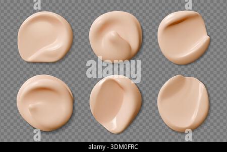 Realistic beige foundation cream swatch, skincare cosmetic smudges or drops set. Liquid powder or bb creme. 3d vector smooth concealer strokes. Creamy cosmetics glossy finish, beauty product sample Stock Vector