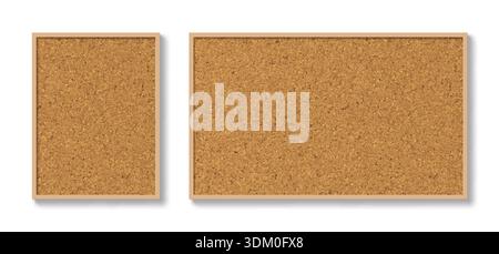 Two cork bulletin boards with wooden frames and pin billboards. Realistic cork texture with natural brown granules and rough surface. Vector canvas mockup for school, office and business space Stock Vector