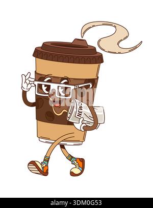 Cartoon groovy hippie coffee drink character. Vector retro y2k cup with a smiling face, glasses, steam, folded newspaper and sneakers. Cute and funky morning beverage personage with a cheerful vibe Stock Vector