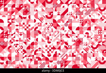 Valentine day geometric background pattern with pink red abstract shapes, vector tile. Valentine day and love holiday background with abstract geometric shapes and simple mosaic elements pattern Stock Vector