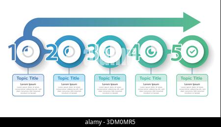 Infographic template for business. 5 Steps Modern Timeline diagram with arrow and topic, presentation vector infographic timeline. Stock Vector
