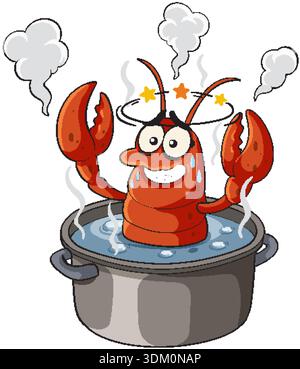 Humorous vector illustration of a cartoon lobster in a steaming pot with playful expression. Stock Vector