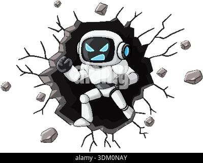 Angry cartoon robot bursts through cracked wall, dynamic pose, bold outlines, white background Stock Vector