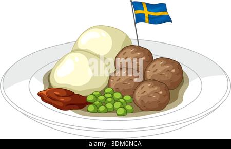 Vector illustration of Swedish meatballs served with mashed potatoes, green peas, and lingonberry jam Stock Vector