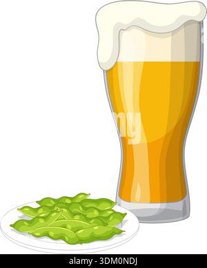 A flat vector illustration of a frothy beer glass next to a plate of edamame Stock Vector