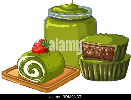 Vector illustration of matcha swiss roll, green tea spread jar, and red bean mooncakes Stock Vector