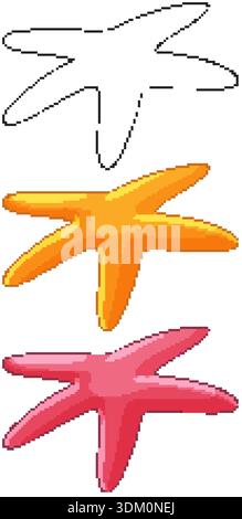 Three starfish icons including a black outline, orange gradient, and pink gradient on white background Stock Vector