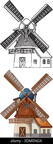 Classic Dutch windmill shown in both detailed color and clean black outline vector styles Stock Vector