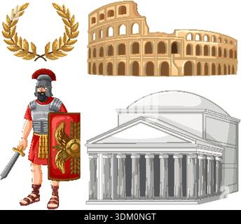 Flat vector illustration set of ancient Roman landmarks, a soldier, and a laurel wreath Stock Vector