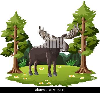 A cartoon bull moose stands in a grassy forest clearing between two evergreen pine trees Stock Vector