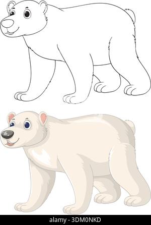 A side profile of a polar bear presented in both line art and colored versions Stock Vector