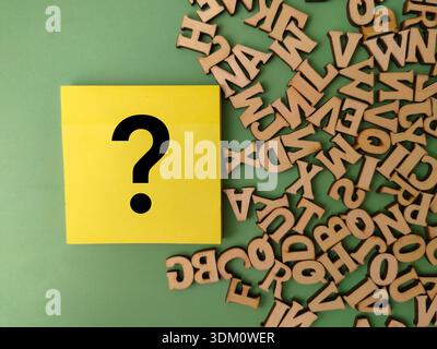 The image features wooden alphabet letters and a yellow sticky note with a black question mark. Stock Photo