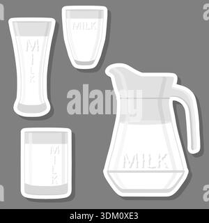 Illustration on theme beautiful glass transparent pitcher with white milk, liquid useful milk in pitcher with handle, clear pitcher for natural milk Stock Vector