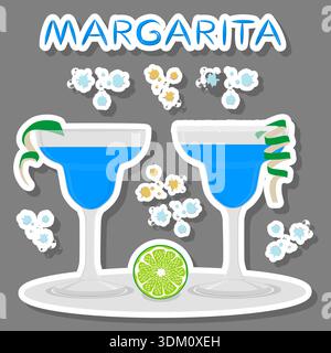 Illustration on theme for alcohol cocktail margarita from citrus lime, margarita consisting of full glass cup with transparent cocktail of green lime, Stock Vector