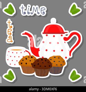 Illustration on theme set of teakettle for tasty tea with sweet dessert muffin, tea in teakettle near muffin it collection accessory on kitchen, fresh Stock Vector